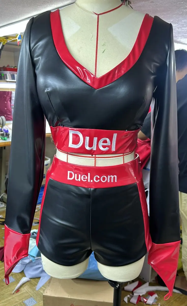 A custom outfit on a mannequin in the workroom