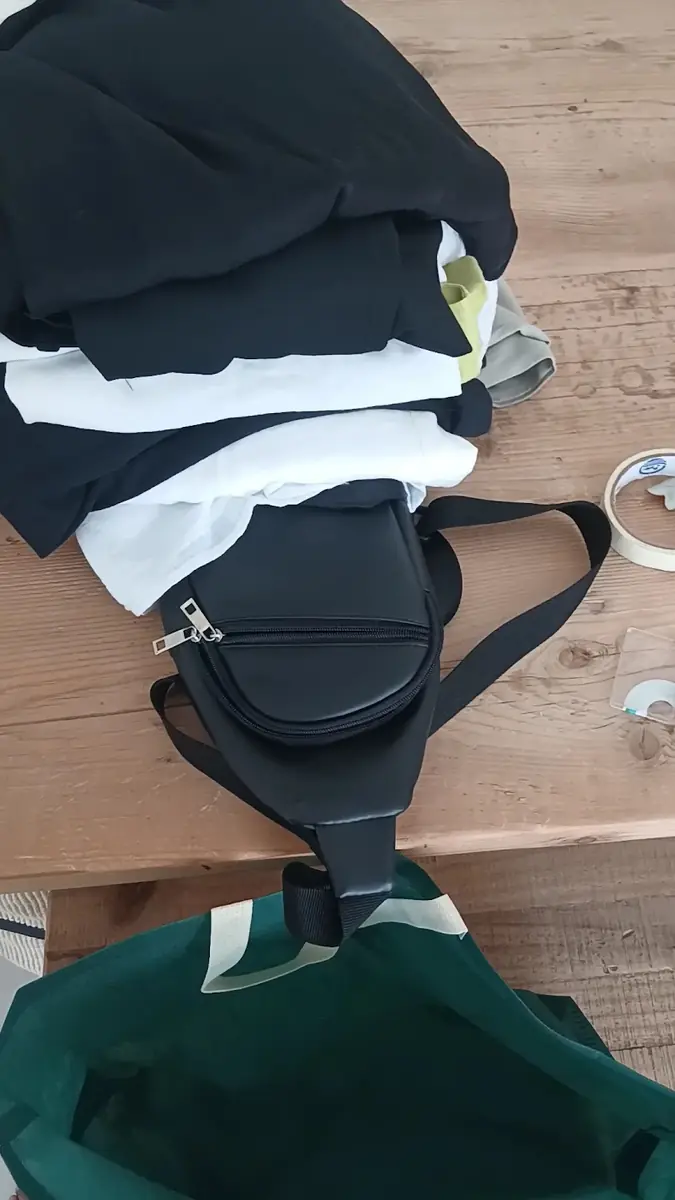 Garments and a bag laid out on the workbench for repair
